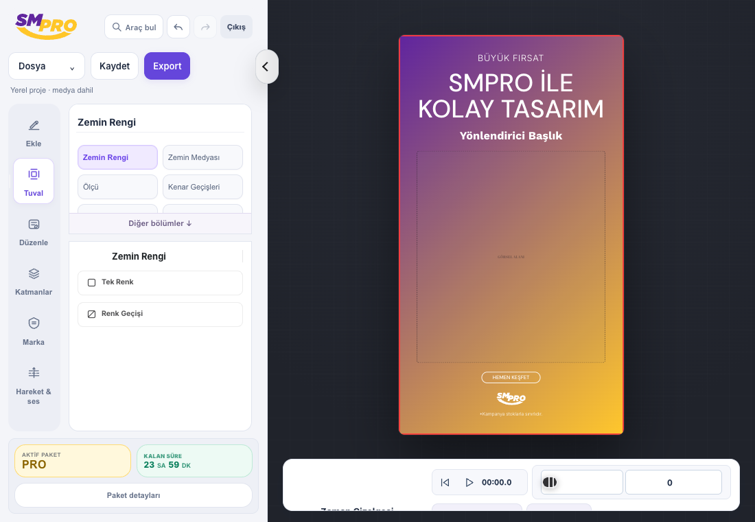 SMPRO görsel tasarım ve video editörünün çalışma alanı