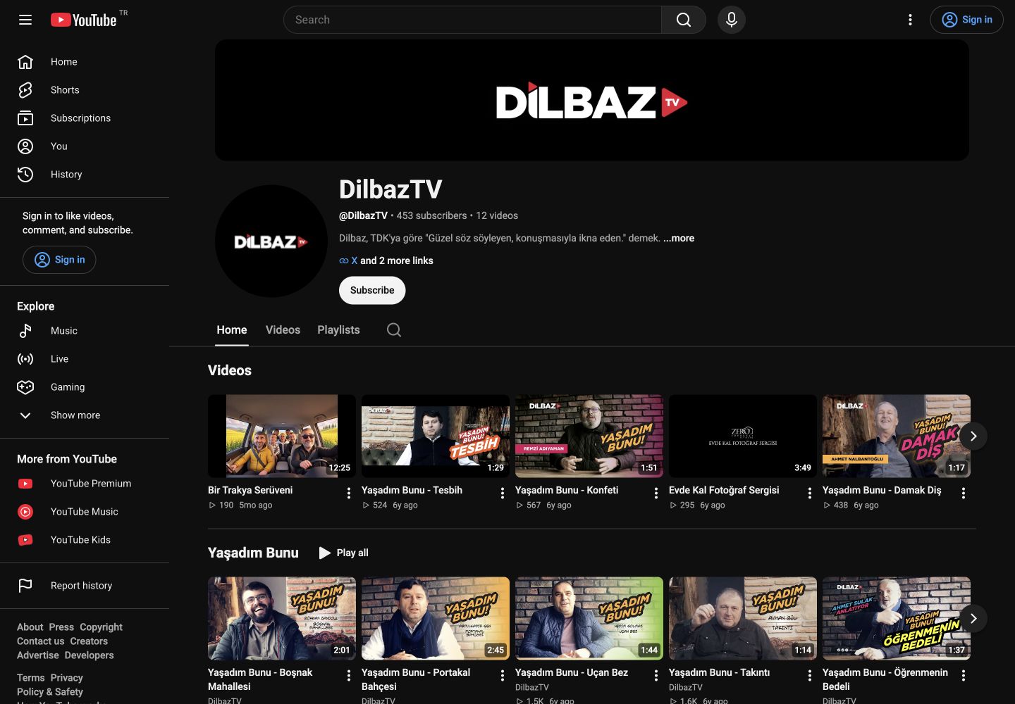 Dilbaz TV YouTube kanalının logo, banner ve video kapaklarını gösteren ekran görüntüsü.