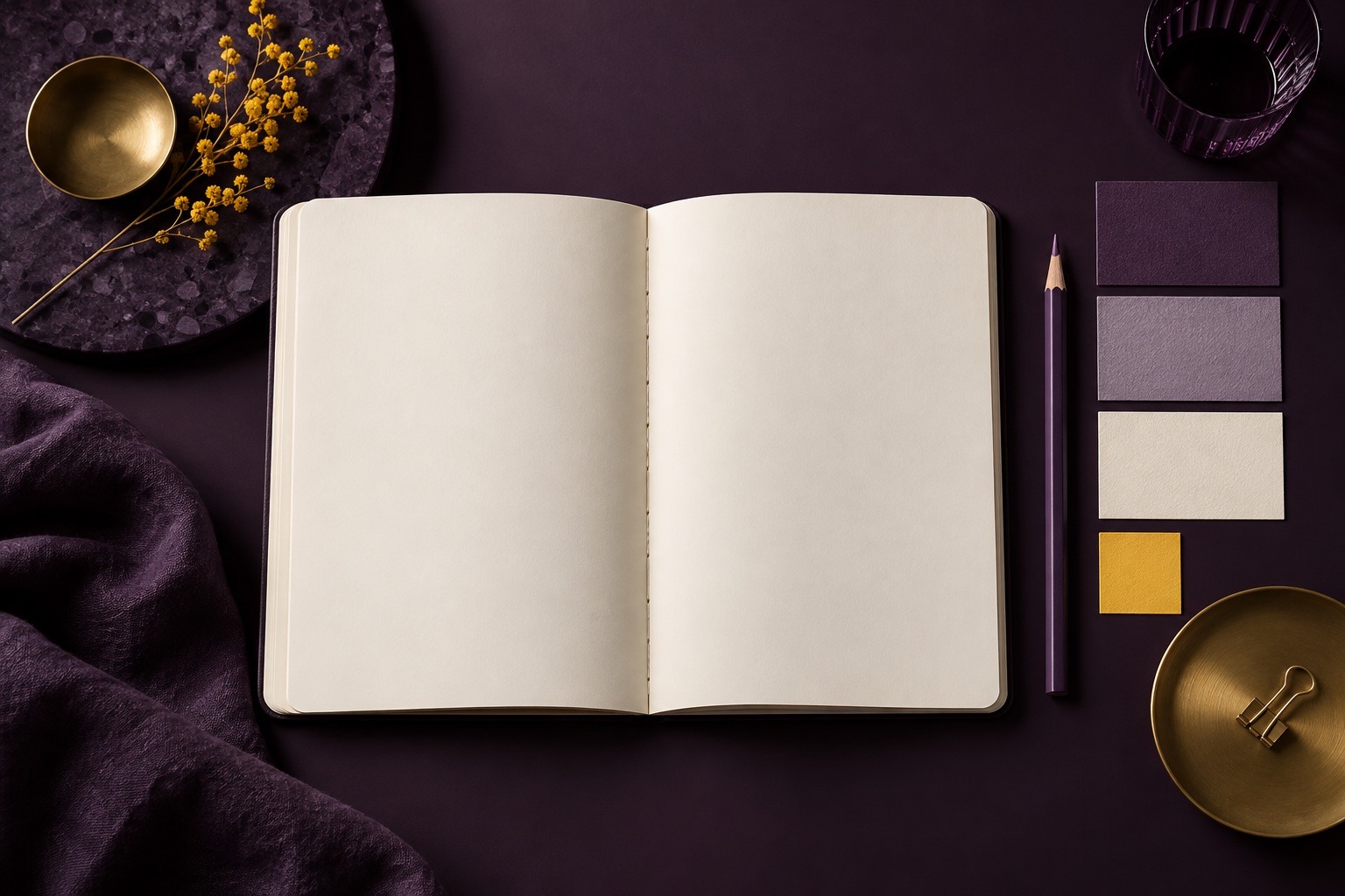 Açık boş bir defter, mor kalem ve renk örnekleriyle marka kimliği keşif sürecini anlatan kompozisyon.