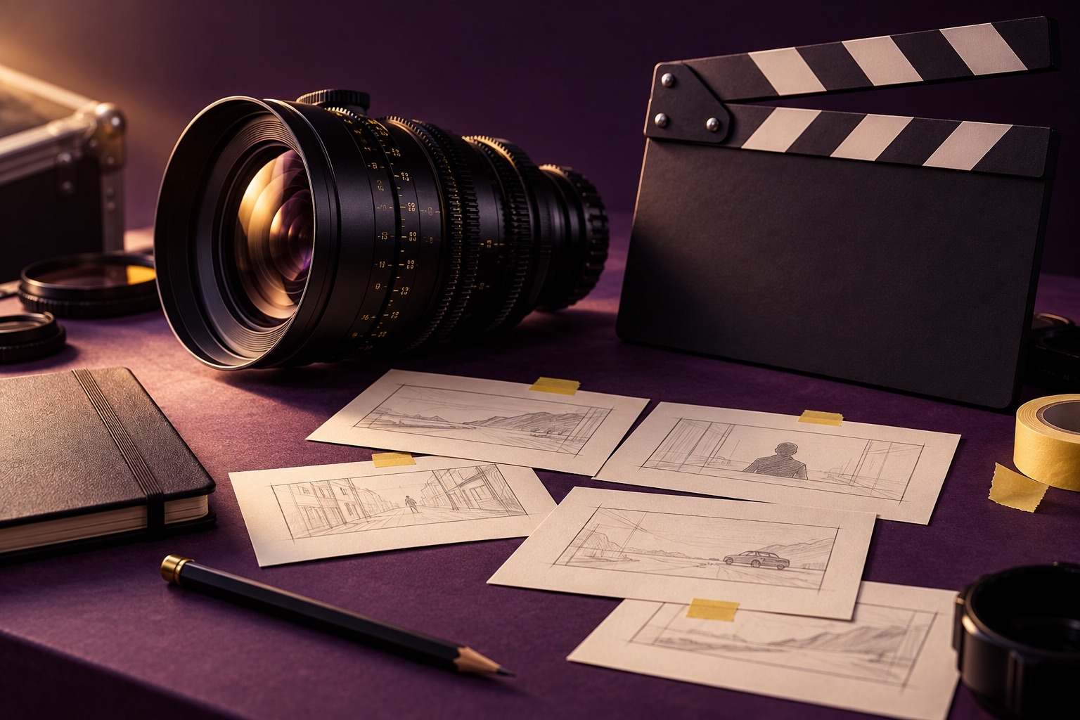 Mor bir prodüksiyon masasında sinema objektifi, klaket ve storyboard kartları.