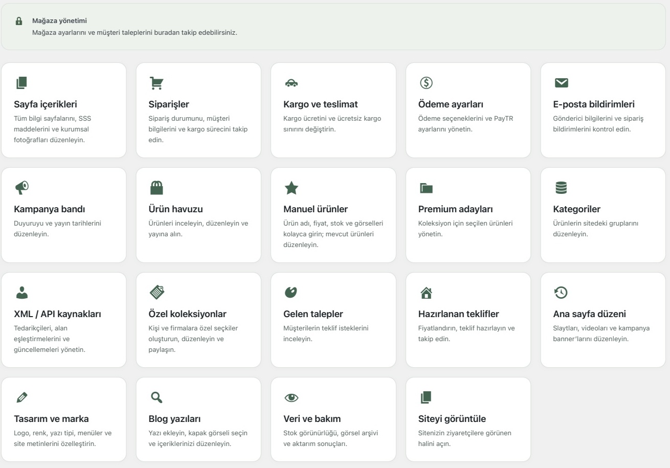 Kalemle’ye özel WordPress yönetim merkezindeki mağaza, ürün ve teklif yönetimi kartları.