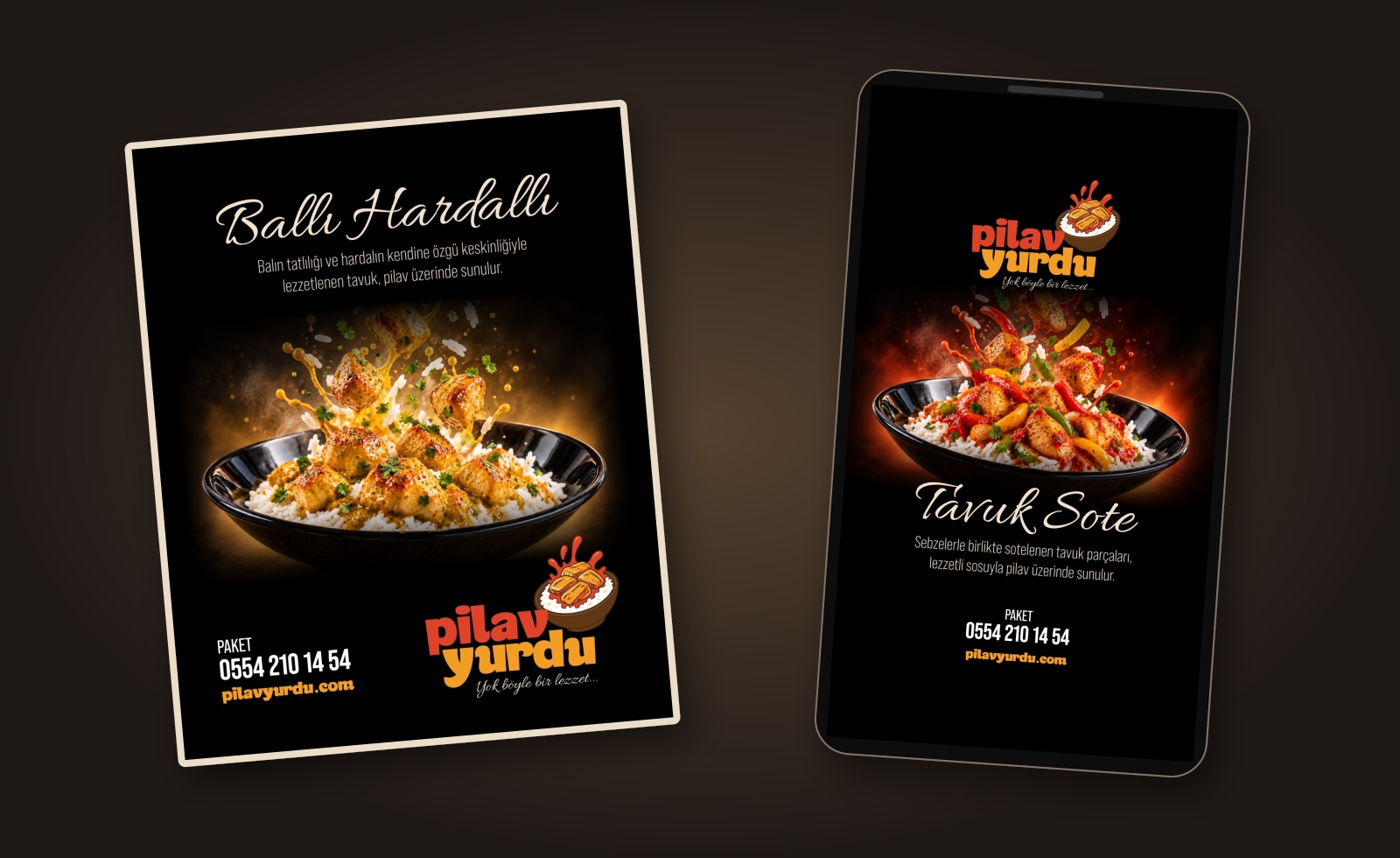 Pilav Yurdu Ballı Hardallı gönderisi ve Tavuk Sote hikâyesinin kart ve telefon mockupında sunumu.